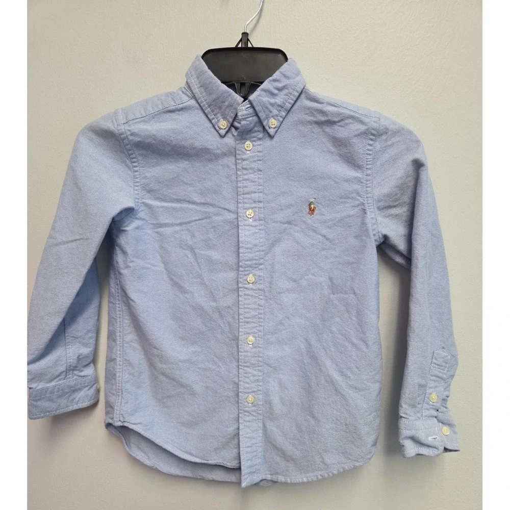 Ralph Lauren Boys Button Down Oxford Shirt Sz 7 LS Flesh Pony Logo Blue